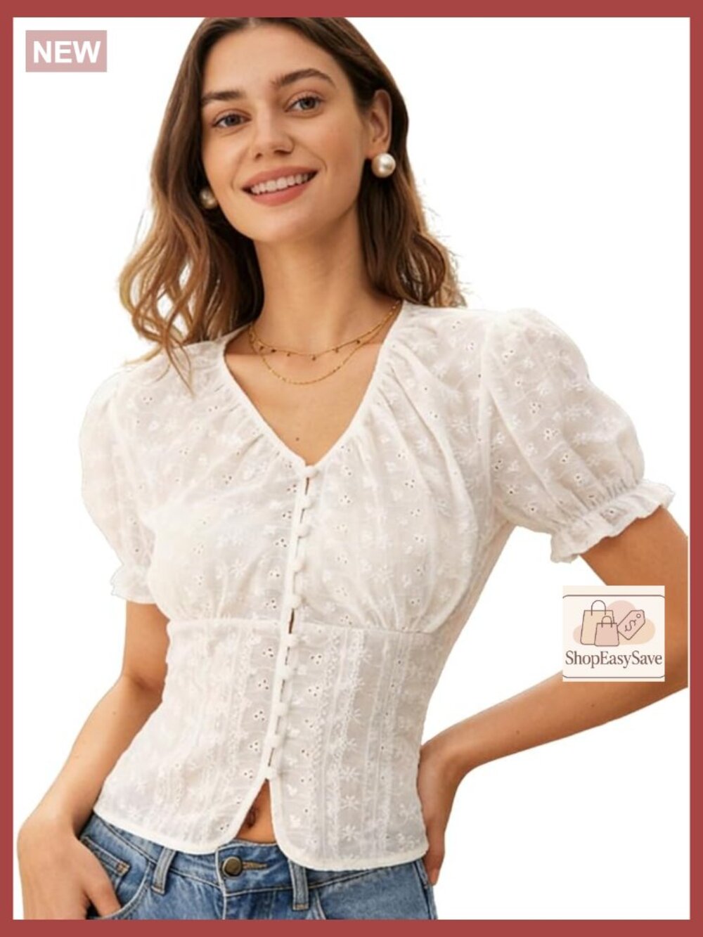 White Eyelet Cotton Blouse Vintage Puff Sleeves V-Neck Adjustable Tie Back